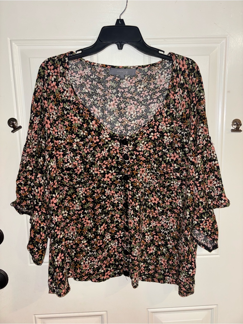 Royalty For Me Black Floral V-Neck Blouse - Pink & Green Print